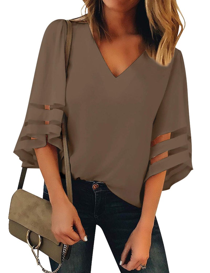 LookbookStore Women Vneck Mesh Panel Brown Work T Shirts for Women V Neck Casual 3/4 Flared Bell Sleeve Blouse Loose Business Office Blouse and Tops Size XX-Large - Image 1